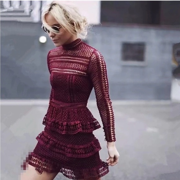 Self-Portrait Dresses & Skirts - Self-Portrait Burgundy Long Sleeve Lace Dress